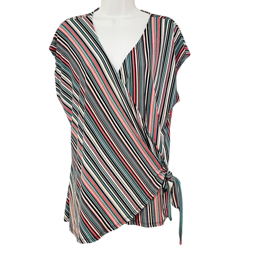 Leota Womens 1X Wrap Top Striped Multicolor Ties Spring Summer Festive